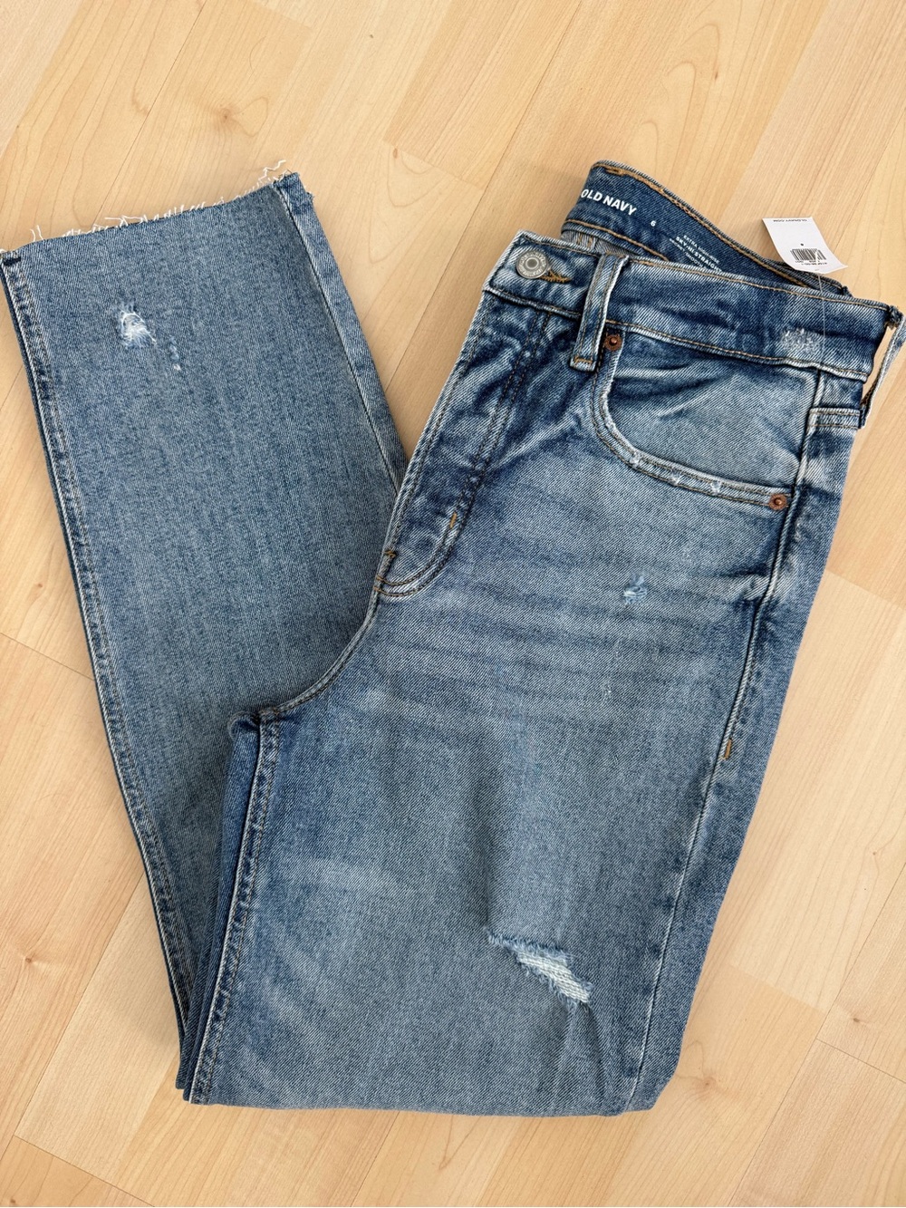 Old Navy Light Wash Extra High Rise Distressed Straight Jeans - Blue